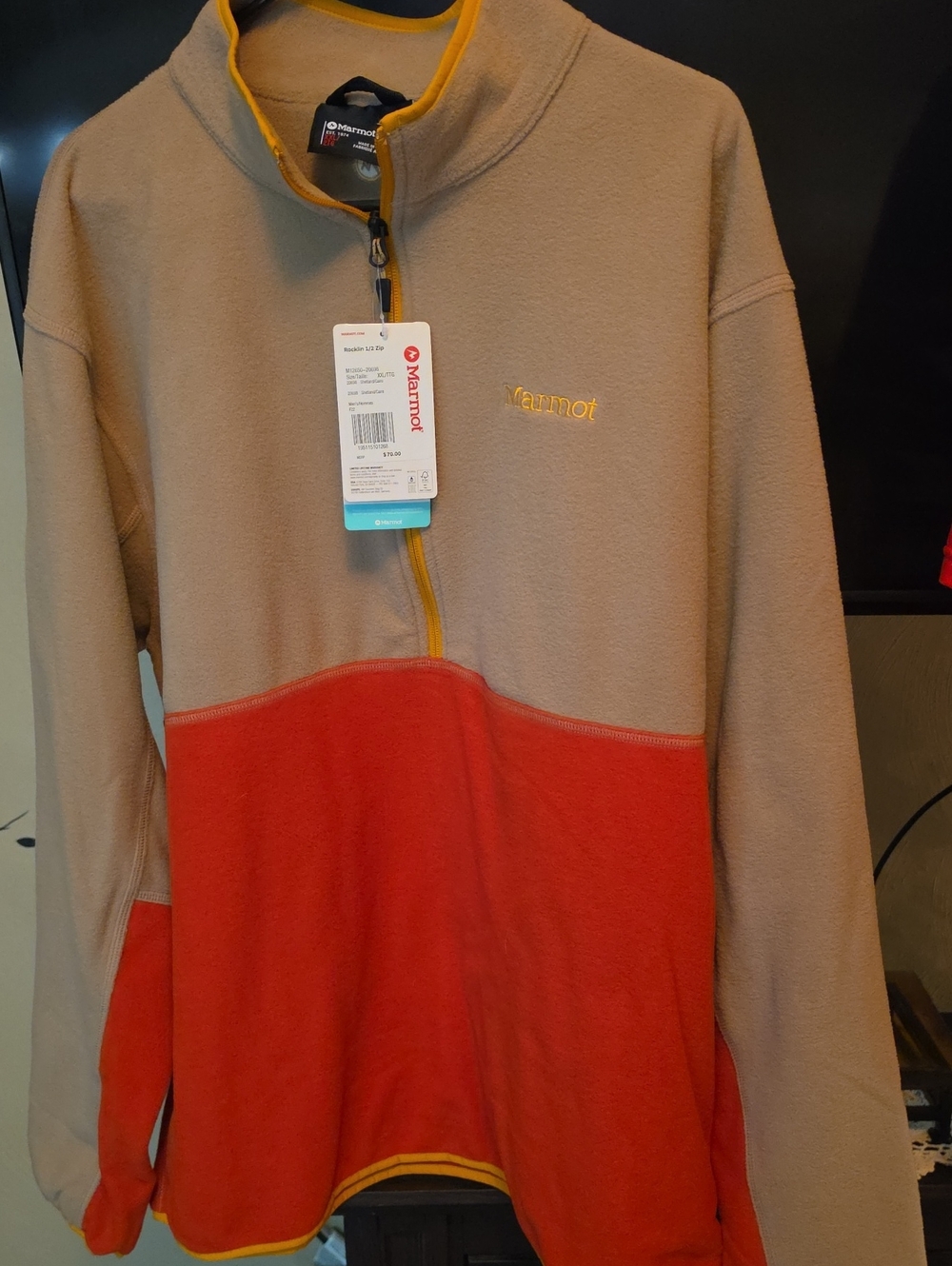 Marmot Half-Zip Two-Tone Fleece Pullover — Tan, Red & Yellow Trim